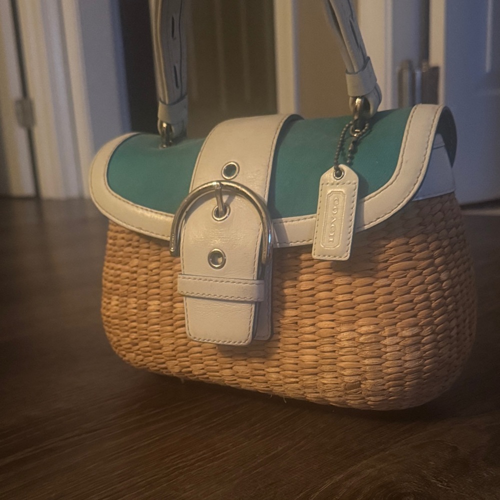Coach Teal and Tan Woven Shoulder Bag